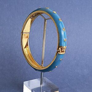 Lagoon Blue Rhinestone  Enamel Hinge Bangle Clamper Bracelet Gold Tone